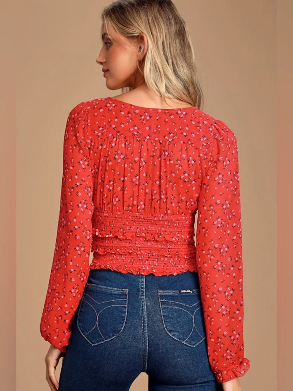 Free People Lolita Red Floral Smocked Square-Neck Long-Sleeve Crop Top Medium